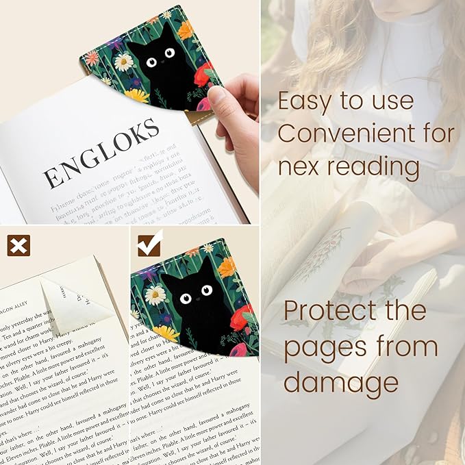 Cute Black Cat Floral Corner Bookmarks, Funny Leather Book Accessories for Book Lovers, 3 Pcs Reading Book Page Markers for Women Men Student Teacher Girls Boys Kids Retirement Birthday Gifts