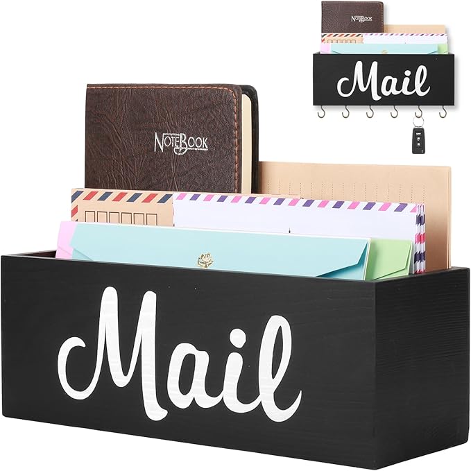 Mail Organizer Countertop, Mail Organizer Wall Mounted with Key Holder, Mail Holder for Wall, Mail Sorter Organizer, Letter Organizer, Mail Basket, Mail Tray, Letter Holder for Desk (Black)