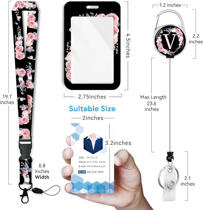 A-Z Badge Holder with Retractable Reel and Breakaway Lanyard Badge Clips Retractable Heavy Duty Badge Reel，Keychain，ID Holder with Breakaway Lanyard for School Nurse Office Teen V