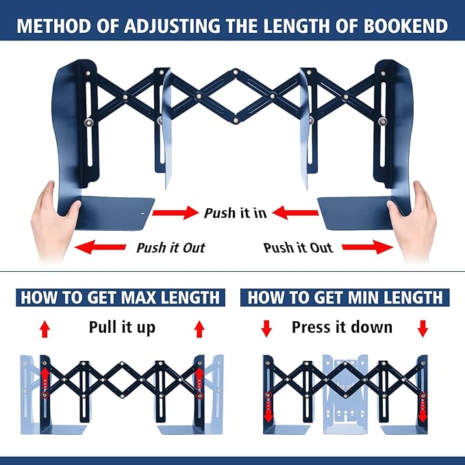 Adjustable Bookends, Heavy Duty Metal Book Ends for Book, 2 Dividers, Nonslip Book Stander for Desk, Shelf, Office, Stationery Gift, Extends up to 19 inches (Blue)