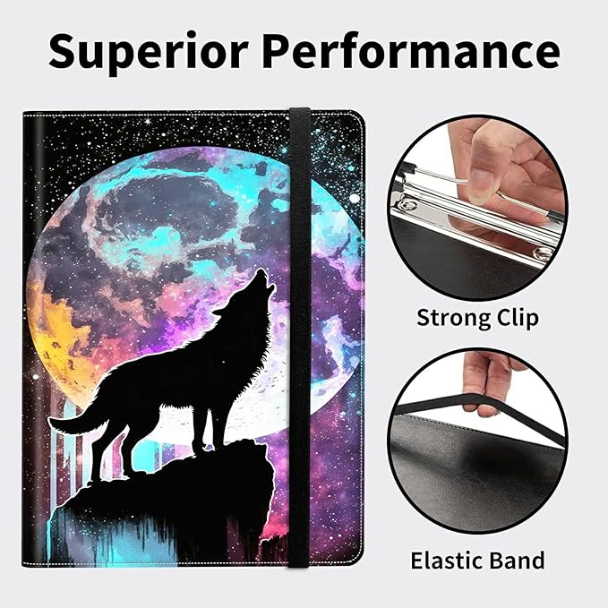 Padfolio Folder with Clipboard,Portfolios Organizer Clipboards with Storage Clipboard Writing Pad PU Leather Conference Document Organizer with Business Card Holder,Moon Wolf