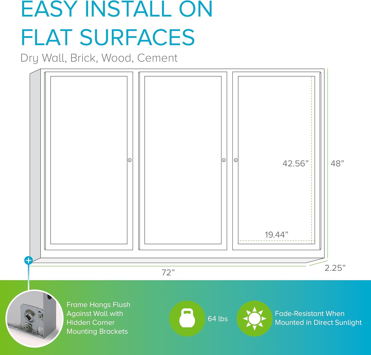 Ghent 48" x 72" 3-Door indoor Enclosed Recycled Rubber Bulletin Board, Shatter Resistant, with Lock, Satin Aluminum Frame,Confetti (PA346TR-CF),Made in the USA