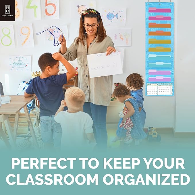 Hippo Creation Storage Pocket Chart for Classroom, 10 Pocket Storage Organizer with 3 Over-Door Hangers, Hanging Wall Organizer for File Folders, School Mailbox, Home Office Papers - Clear Blue