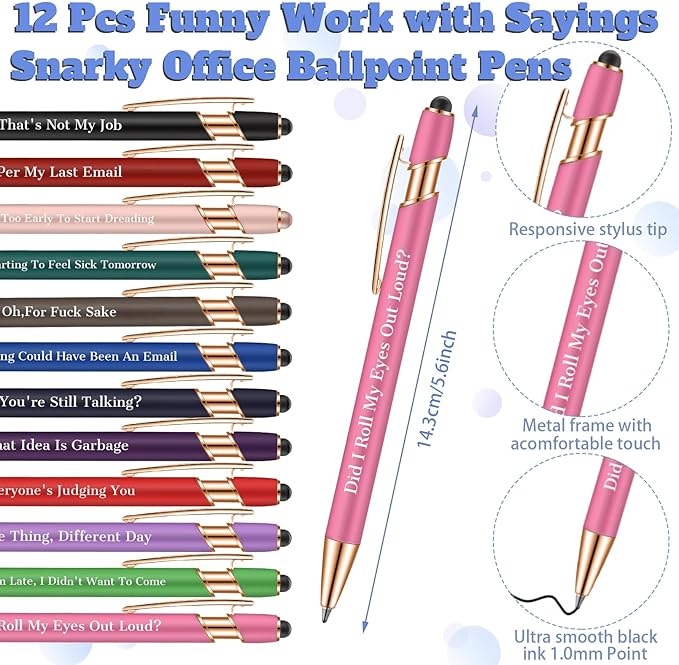 Snarky Funny Office Notepads Pens,24 Pcs Negative Sarcastic Hilarious Quotes Work Ballpoint Pens with Stylus Tip Sticky Notes for Colleague Co-workers Gift