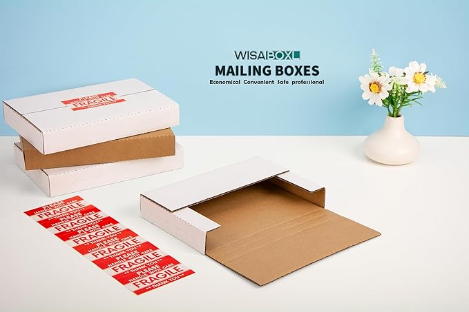 9x6x1.3 inch DVD Shipping Boxes, Multi-Depth Small Box for Mailing, Storing, Package, Gifts, Crafts, Business or Home, with Fragile Stickers, White, 25-Pack