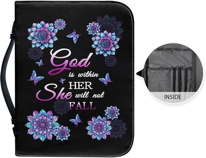 Lotusorchid Mandala Flower Butterfly Bible Covers for Women, God is within Her, She Will Not Fall, Cross Printed Bible Case Large Size Bible Bag with Pockets Bible Carrying Church Bag Bible Case