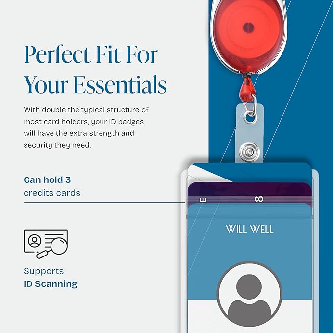 Will Well ID Badge Holders with Clip and Keyring - Vertical Clear Plastic 3.7" x 2.5" Sleeves Fit Up to 3 Cards - Retractable 24" UHMWPE Fiber Pull Cords - 2-Pack, Transparent Red Reels