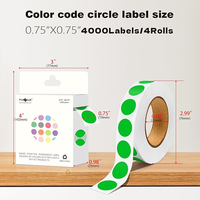 PARLAIM 0.75 inch Diameter Colored Dot Stickers 4 Rolls Pack 4000pcs Green Round Label Color Coding Marking Stickers Permanent Adhesive for Garage Sale