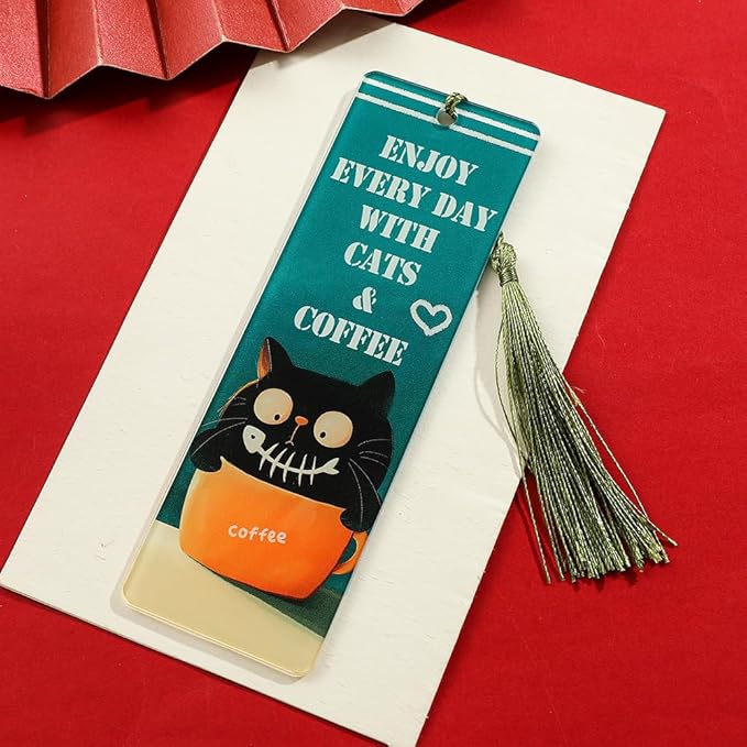 1pc Cute Pet Cat Tassel Bookmark - Acrylic Bookmarks for Book Lovers, Gifts for Teachers Students Reading Markers Ideal Gift for Back to School Season (Light Green Fringe)