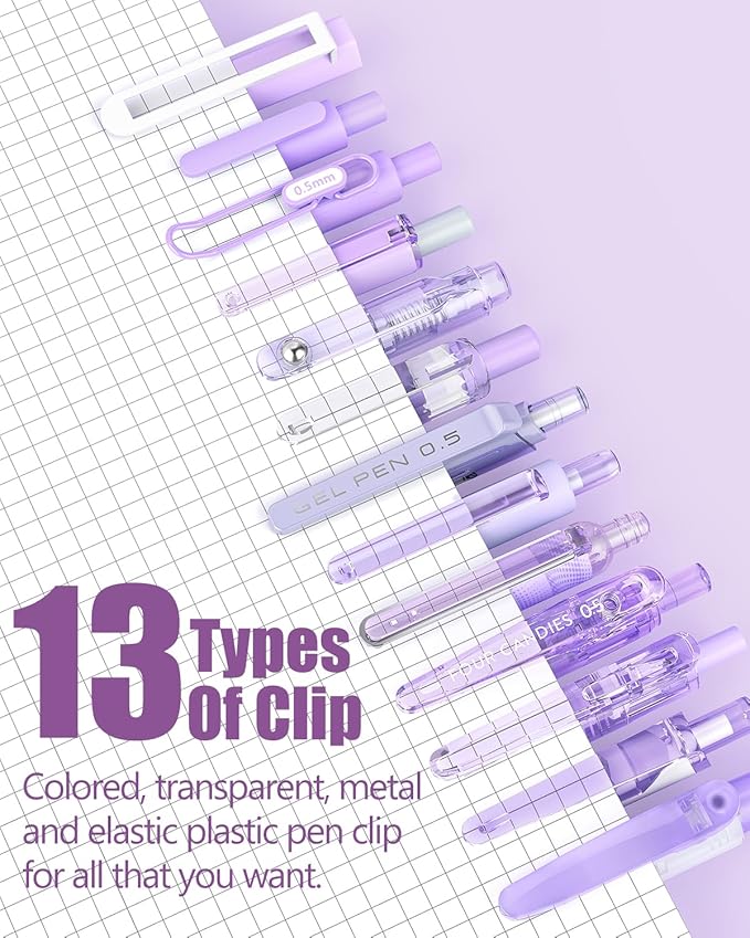 Four Candies 14Pack Pastel Gel Ink Pen Set,Cute Retractable 0.5mm Fine Point Pen,Note Taking Aesthetic Pens,12 Pack Black Ink Pens with 2Pcs Highlighter, Smooth Writing Pens for School, Office(Purple)