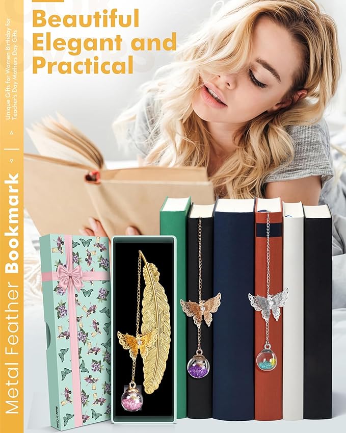 Bookmark Christmas Gifts for Women Teacher - Cute Metal Bookmarks Stocking Stuffers for Teens Coworker Book Lovers Student, Unique Feather Butterfly Book Mark Cool Birthday Book Club Stuff Gift Ideas