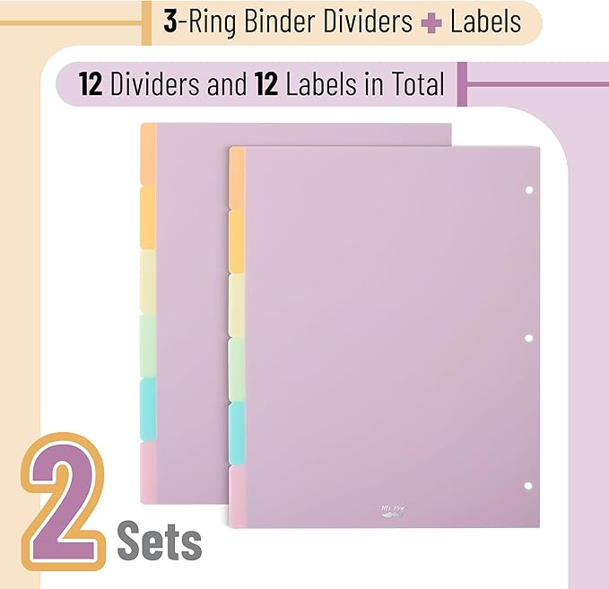 Mr. Pen- Binder Dividers, 6 Tab Dividers, Pack of 2 Sets (12 Dividers Total), Dividers, Plastic Dividers for 3 Ring Binder, Binder Dividers with Tabs, Binder Tabs, 3 Ring Binder Dividers