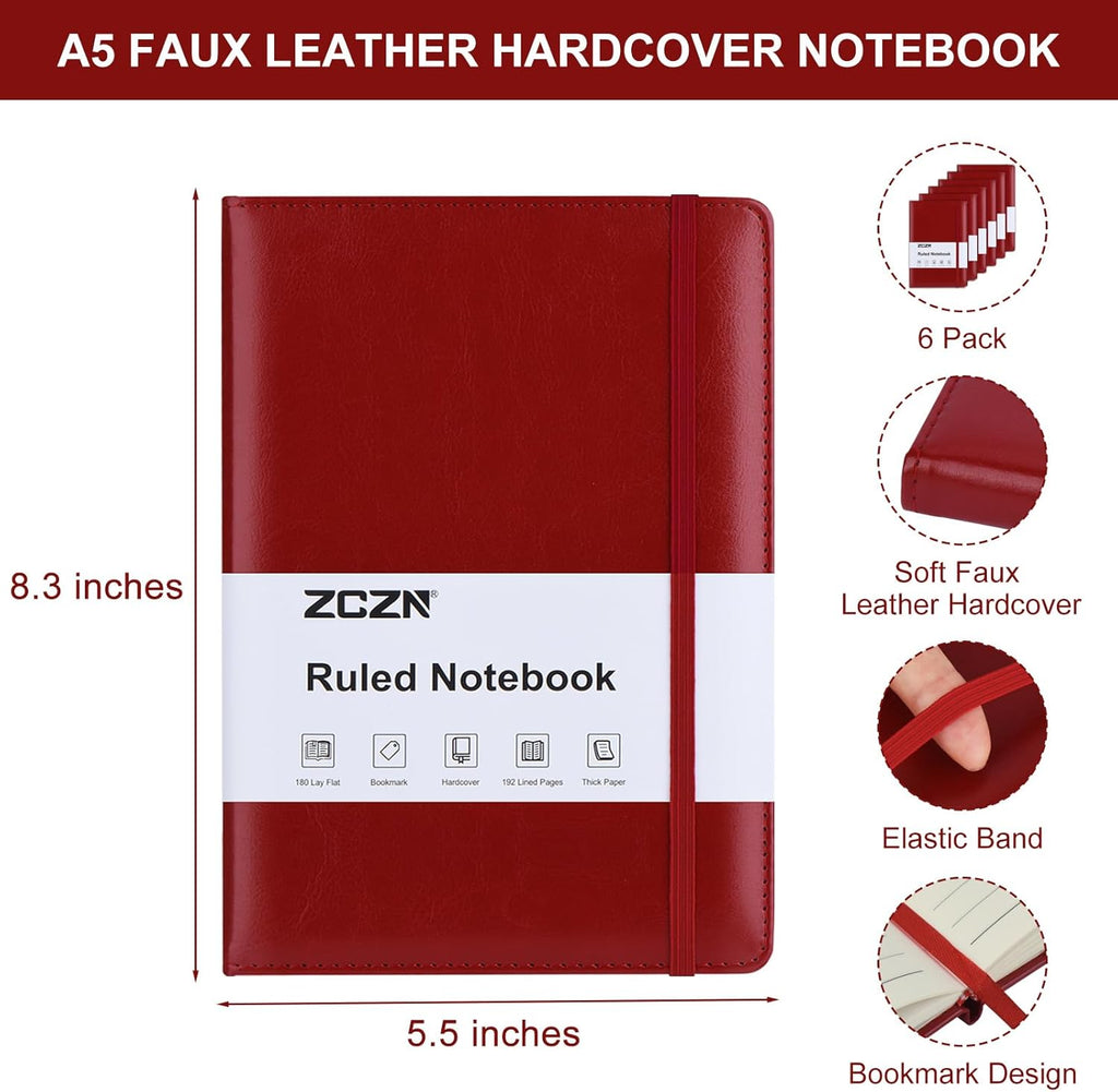 ZCZN 6 Pack Lined Journal Notebooks, 192 Pages A5 Hardcover Leather Journals for Work,Writing,School & Travel, College Ruled Journaling Notebooks for Notes Taking,Diary Notepad (Red*6)