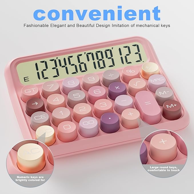 Mechanical Calculator 12 Digit Extra Large 5-Inch LCD Display, DECKLIT Battery Desk Calculator, Big Buttons Easy to Press Use as Office Calculators Desktop, 15°Tilt Screen for Kids Calculator(Rose)