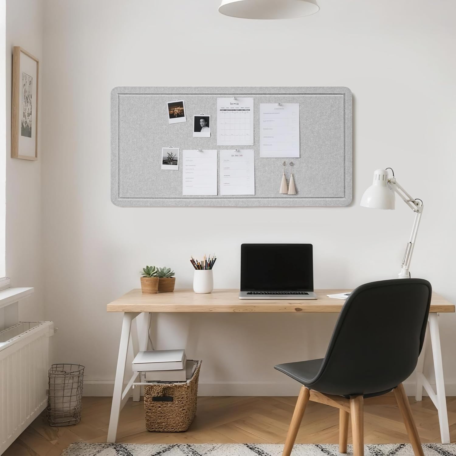 Bulletin Board, 35 x 17 1/2 inches Felt Board - Decorative Pin Board, Cork Board Alternative for Wall, Foldable Picture Board Self-Adhesive Vision Board Prayer Board with 20 Pushpins - Light Gray