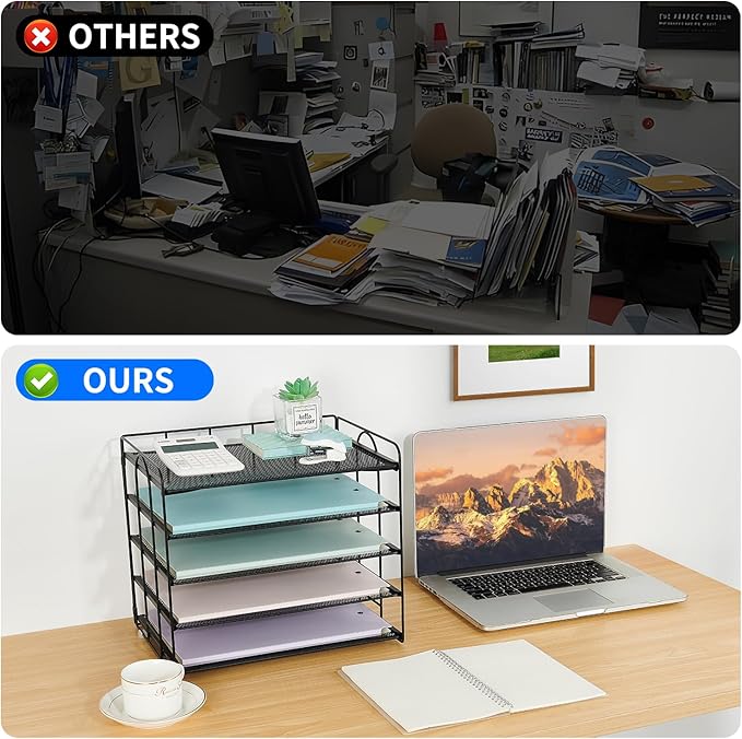 5 Tier Mesh Paper Letter Tray Organizer, Desktop Mail Sorter Office Supplies Organizer for Desk, Desk Organizers and Accessories (Black)