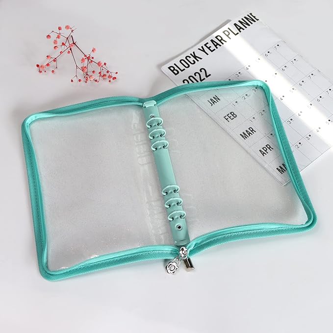 Multibey A5 Binder Cover Clear Soft PVC 6-Ring Binder Budget Evelopes System with Zipper Planner Organizer Refillable Notebook Journal Binder (Cyan, A5)
