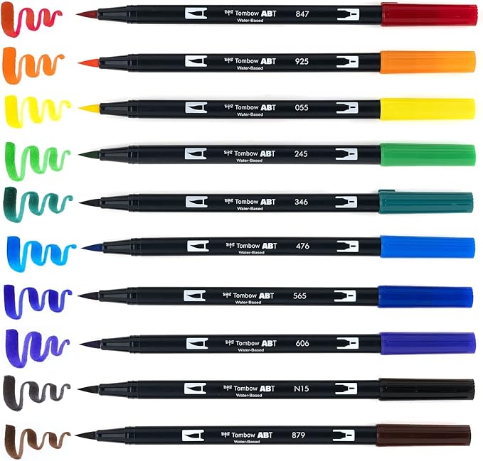 Tombow Dual Water Based Markers, Twin Tip, Primary Palette Assorted Inks, 10/Pack (56167)
