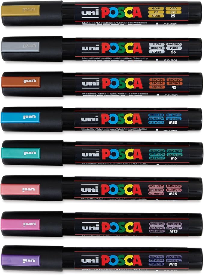 Posca Markers Set, 8 Medium Paint Markers 5M – Metallic Tones – Gold, Silver, Bronze, Metallic Blue, Metallic Green, Metallic Red, Metallic Pink, Metallic Violet