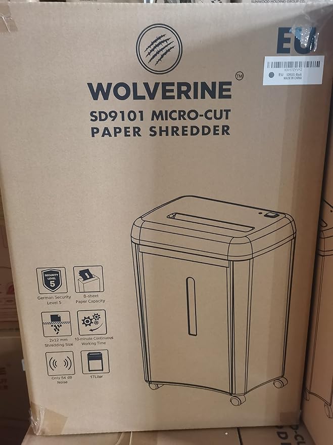 WOLVERINE 8-Sheet Super Micro Cut High Security Level P-5 Ultra Quiet Paper/Credit Card Home Office Shredder with 4.5 gallons Pullout Waste Bin SD9101 (Black)