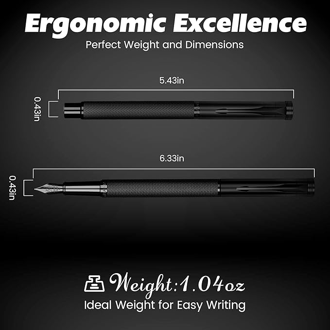 Fountain Pen with Extra Fine Nib - Modern Black Metal Design with Intricate Knurled Grip, Smooth and Skip-Free Writing, Includes Ink Cartridges, Converter, and Protective Sleeve