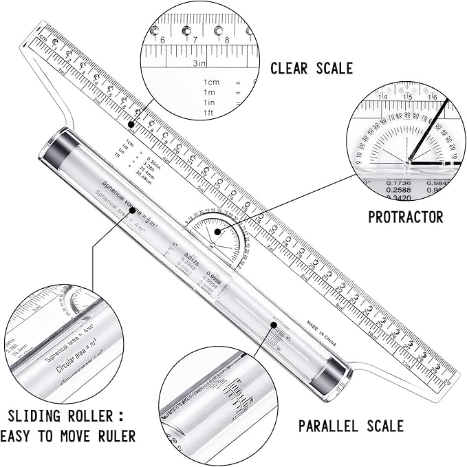 Frienda 2 Pieces Plastic Measuring Rolling Ruler Drawing Parallel Multifunctional Drafting Ruler for Architect Office Math(12 Inch)