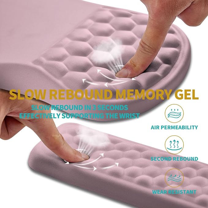 Hokafenle 2 in 1 Ergonomic Mouse Pad Wrist Support & Wrist Rest for Computer Keyboard Set, with Relieve Carpal Tunnel Pain Massage Bulge and Full Memory Gel Design (2In1 Set, Pink)