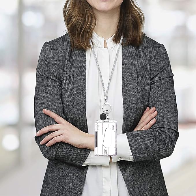 VIQWYIC Retractable ID Badge Holder with Bling Neck Strap Lanyard, Bling Badge Reel with Clear Card Holder for Office Worker Teacher Doctor (Silver)