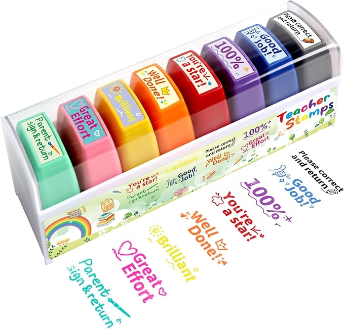 Teacher Stamps for Grading Motivational Teacher Self-Inking Stamp Set Encouraging Signature Stamp for Classroom Supplies 8 Packs Multicolor