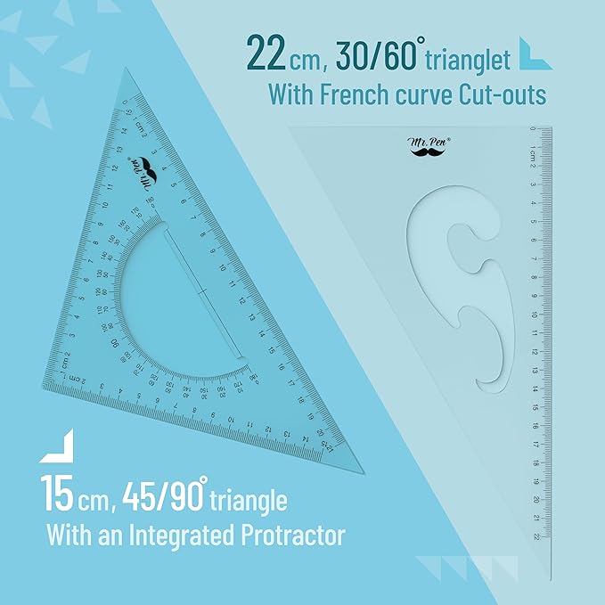 Mr. Pen- Triangle Ruler, 2 Pack, 22&15cm, 30/60 & 45/90, Right Triangle Ruler for Drawing, 30/60 Degree Triangle Plastic, 30 60 90 Triangle, Drawing Triangle Angle, 45 Degree Triangle Ruler