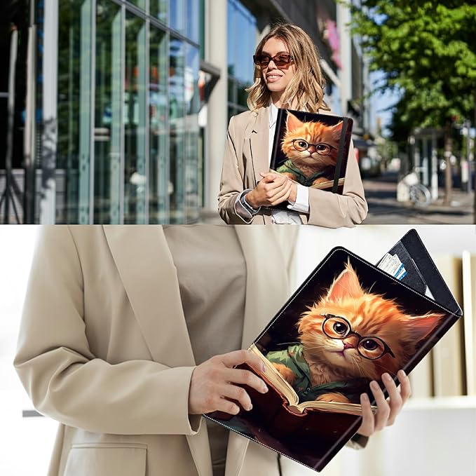 PU Leather Padfolio Folder Clipboard Portfolios Organizer Conference Document Organizer with Business Card Holder Storage Clipboard Writing Pad,Kitten with Glasses