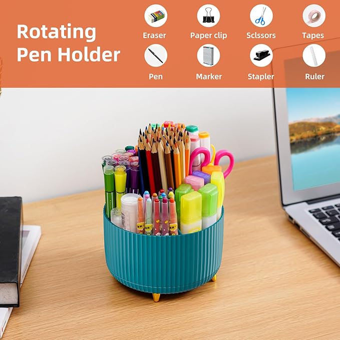 Marbrasse Desk Organizer, 360-Degree Rotating Pen Holder for Desk, Desk Organizers and Accessories with 5 Compartments Pencil Organizer, Art Supply Storage Box Caddy for Office, Home（Green）