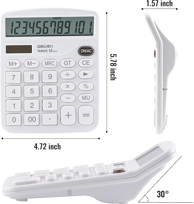 Golcellia Calculators Desktop, White Calculator, Cute Calculator 12 Digit Desk Calculator Large Display, Dual Power Solar Battery, Office Home School Supplies for Adults & Students