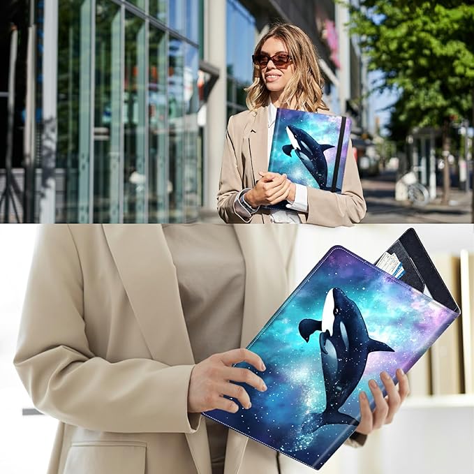 PU Leather Padfolio Clipboard Notepad with Pen Loop and Elastic Strap Interview/Resume Document Organizer for Business School Office,Orca Whale
