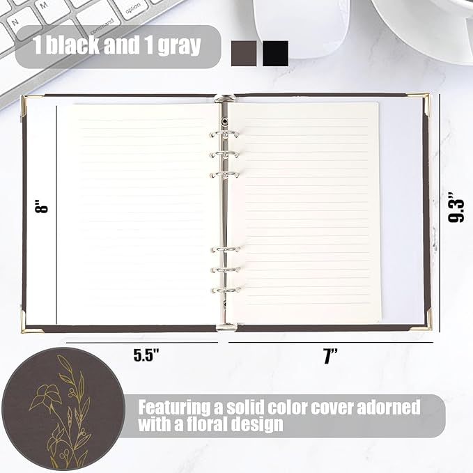 Koogel 2 Sets 6-Ring Binders, Refillable Binder 7"x9.3" Black and Gray Planner Binder for Journaling Collections with 70 Sheets Ruled Refill Paper 70gsm