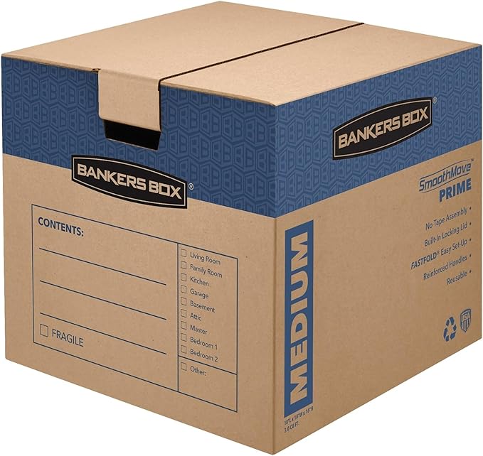 Bankers Box Medium Prime Moving Box 8 Pack, Reinforced Handles, Tape-Free Assembly, Attached Lid, 18-in x 15-in x 14-in (0062806)