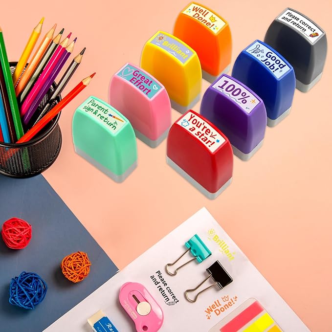 Teacher Stamps for Grading Motivational Teacher Self-Inking Stamp Set Encouraging Signature Stamp for Classroom Supplies 8 Packs Multicolor