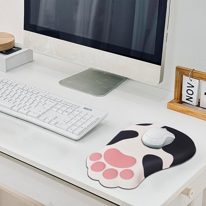 Ergonomic Mouse Pad with Wrist Rest,Cute Cat Paw Mousepad Wrist Support,Comfortable Massage Design Computer Pain Relief Mouse Pad with Non-Slip PU Base for Desk Laptop Gaming,Cow