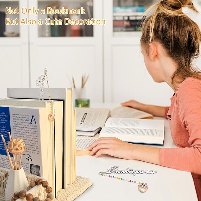 Metal Bookmark Cute Book Accessories Gifts for Women Teacher Readers Book Lovers for Christmas Mother's Day (Thank You Silver)
