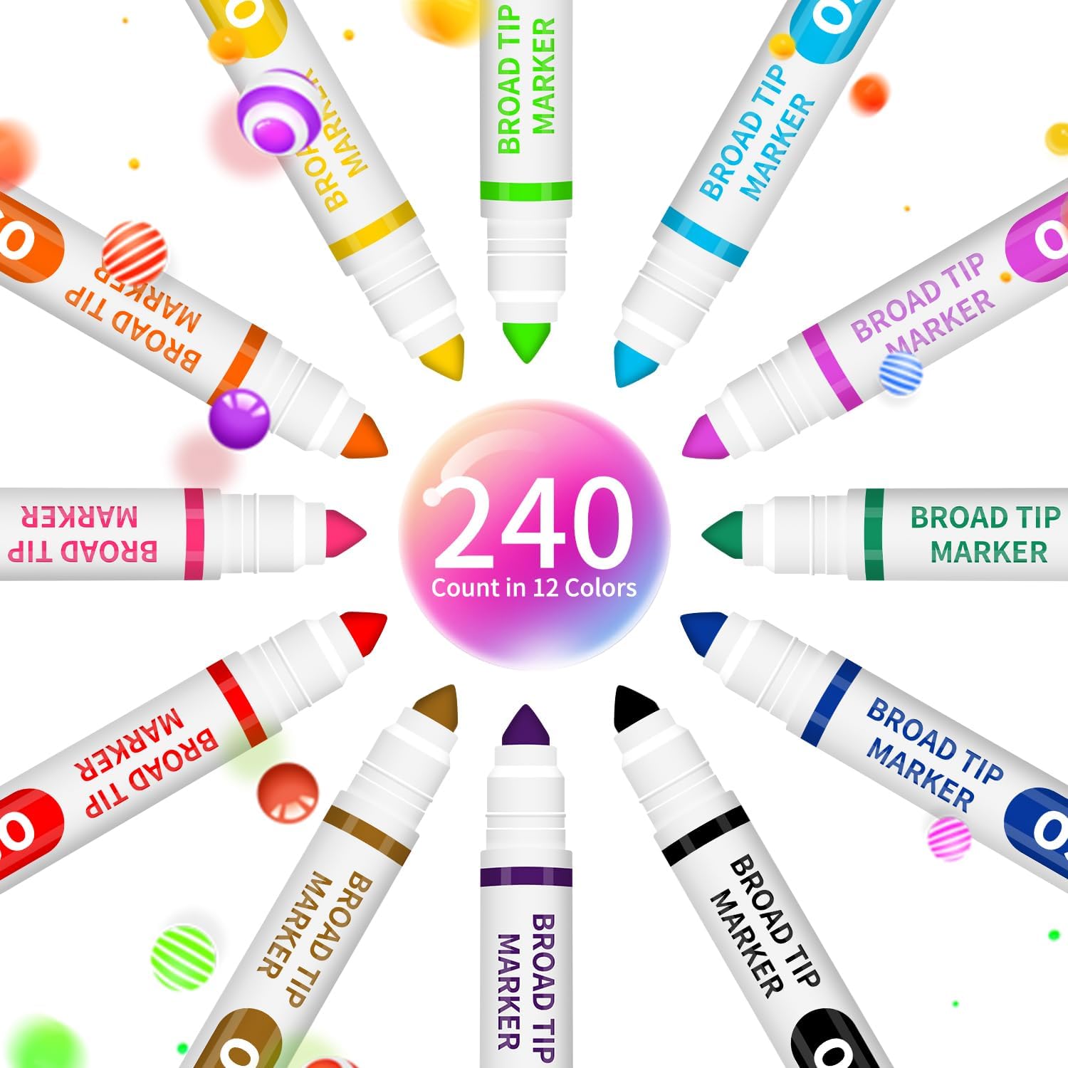 Washable Markers Bulk, 240 Count, 12 Assorted Colors, Markers for Classroom, Broad Line Conical Tip, Large Capacity, School Art Supplies for Kids