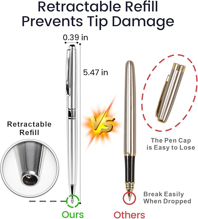 Cambond Ballpoint Pens Metal Pen - Silver Pens Black Ink Nice Pens for Gift Business Men Police Flight Attendant 1.0 mm Medium Point Office Pens, 3 Pens with 3 Refills (Silver)