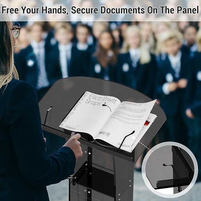 Acrylic Podium Stand，49“ Tall Portable Podium with Lockable Wheels, Black lecterns & Podium with Storage Shelf for Classroom, Pulpit Podium for Church,Wedding,Presentation