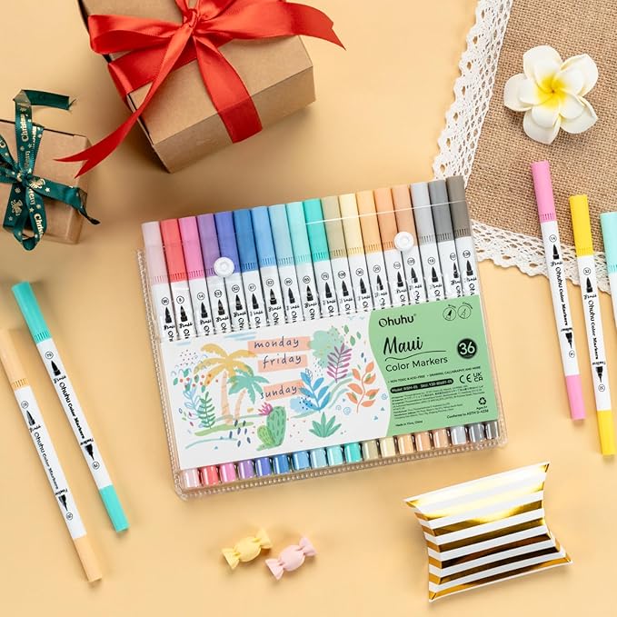 Ohuhu Markers for Adult Coloring Books No bleeding 36 Pastel Colors Coloring Markers Water-based Dual Tips Fineliner & Brush Drawing Pens Art Markers for Kids Adults Sketch Journal - Maui