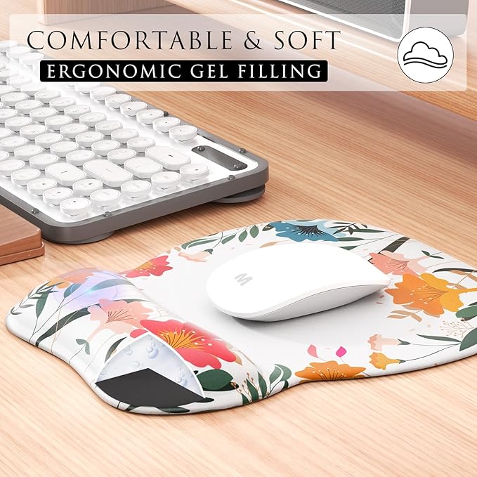 MROCO Ergonomic Mouse Pad with Gel Wrist Rest, Comfortable Mousepad with Smooth Wrist Support Surface and Non-Slip PU Base for Pain Relief, Computer, Laptop, Office & Home, 9.4 x 8.1 in, White Flower