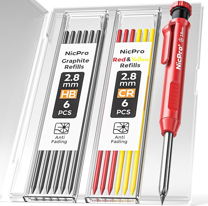 Nicpro Carpenter Pencil with Sharpener, Mechanical Carpenter Pencil Set with 13 Refill, Construction Pencils Heavy Duty Woodworking Pencil for Architect (Black, Red, Yellow)-With Case