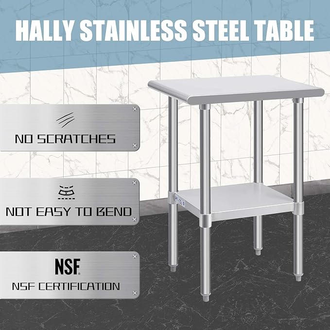 Hally Stainless Steel Table for Prep & Work 24 x 18 Inches, NSF Commercial Heavy Duty Table with Undershelf and Galvanized Legs for Restaurant, Home and Hotel