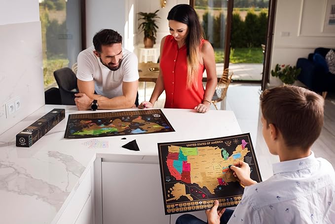 Two Scratch-Off Maps: World Map 17x24" + USA Map - Deluxe Travel Posters - Colorful Countries, US States, and Flags - Easy Scratch-Off Maps with Accessories for Travel Lovers - Name Tag Gift Box