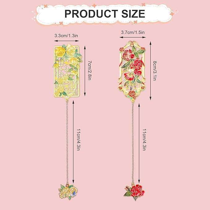 2 Pcs Metal Rose Bookmarks, Beautiful Book Marks for Reading Women Vintage Bookmarks with Metal Chain Pretty Bookmark Gift for Book Lovers Readers Birthday Christmas Gifts(Red, Yellow Roses)