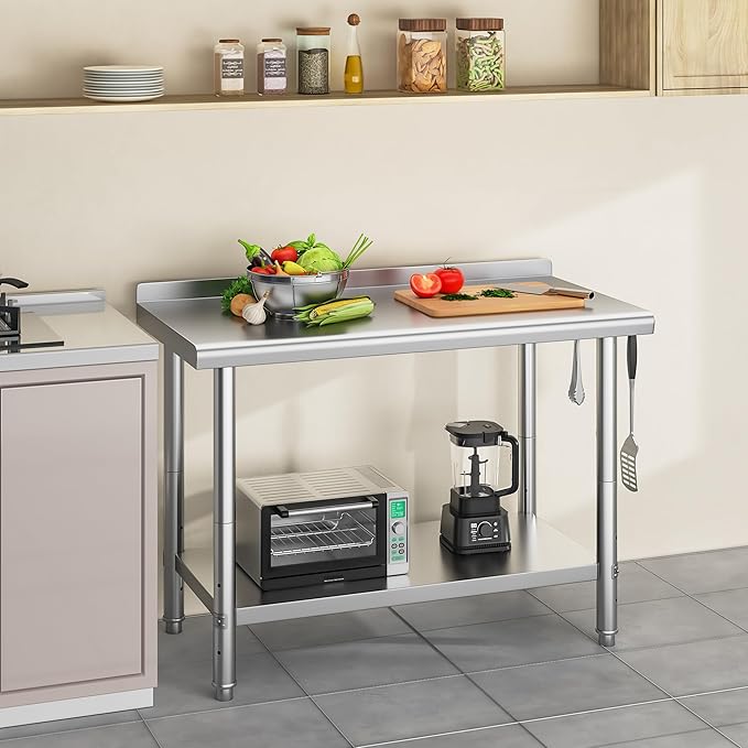 YITAHOME 48" x 24" Stainless Steel Table for Prep & Work with Backsplash, NSF Commercial Heavy Duty Table with Undershelf for Home Kitchen Restaurant Garage Warehouse