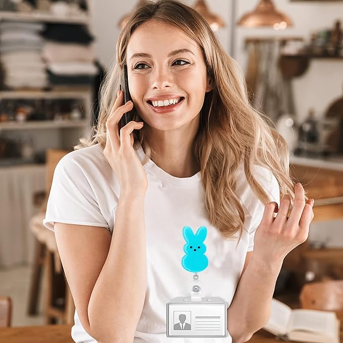 Cute Badge Holder Easter Badge Reel Blue Retractable Badge Reel Funny Bunny Nursing Alligator Clip Rabbit ID Name Badge Holder for Office Doctor Student Party Supplies Gift